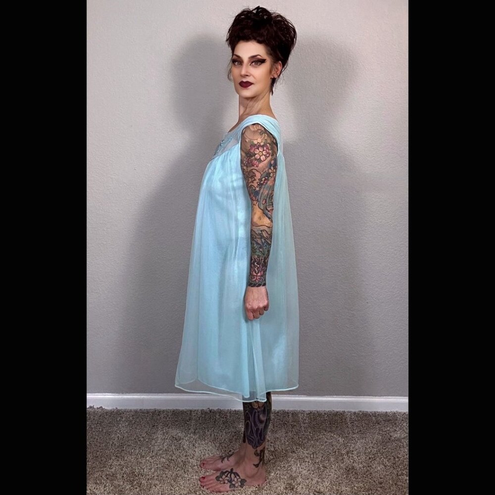 60s Bright Blue Babydoll Double Layer Lingerie Embroidered Floral Mod Pinup M L - Picture 7 of 15